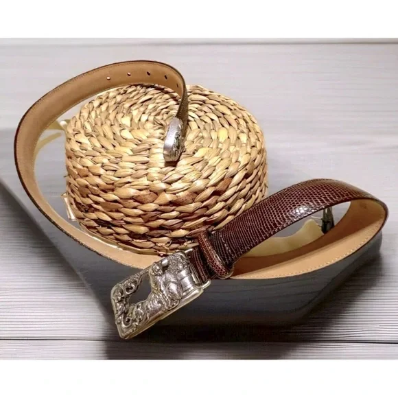 🐈⬛BRIGHTON🐈⬛ LEATHER SNAKE EMBOSSED TEXTURE CATS & FLOWERPOT BUCKLE VTG BELT🐈 - Picture 4 of 13